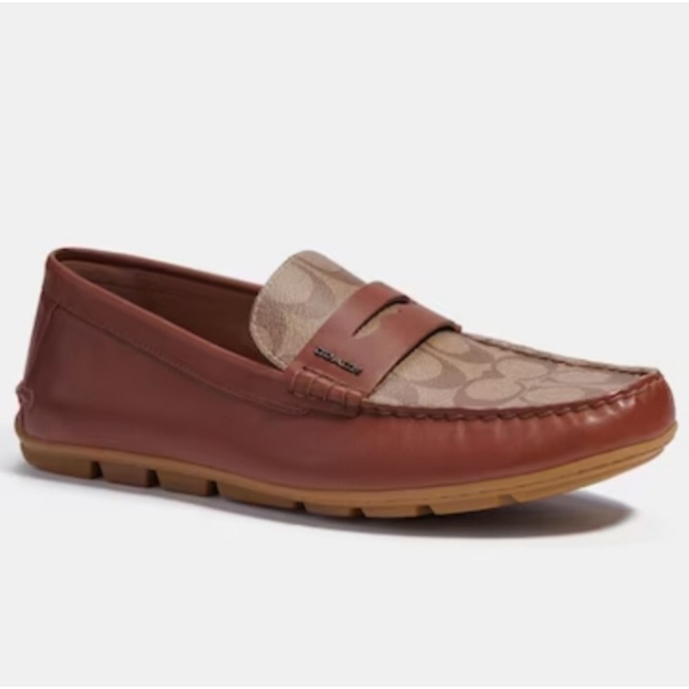 COACH Mott‎ Driver Loafers Khaki Brown Signature Jacquard Leather Mens 7D Career